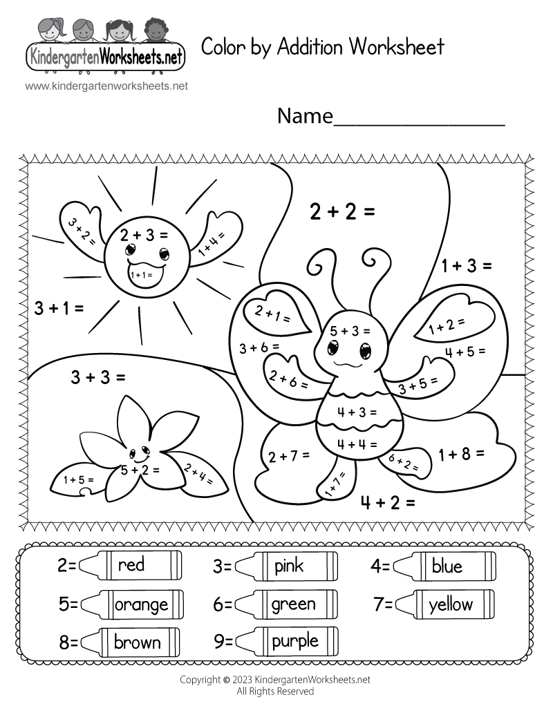 Addition Coloring Worksheet - Free Kindergarten Math Worksheet for Kids