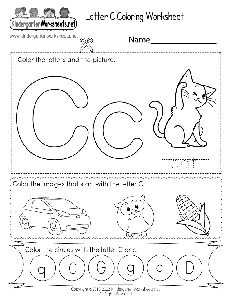 Letter C Coloring Worksheet - Free Kindergarten English Worksheet for Kids