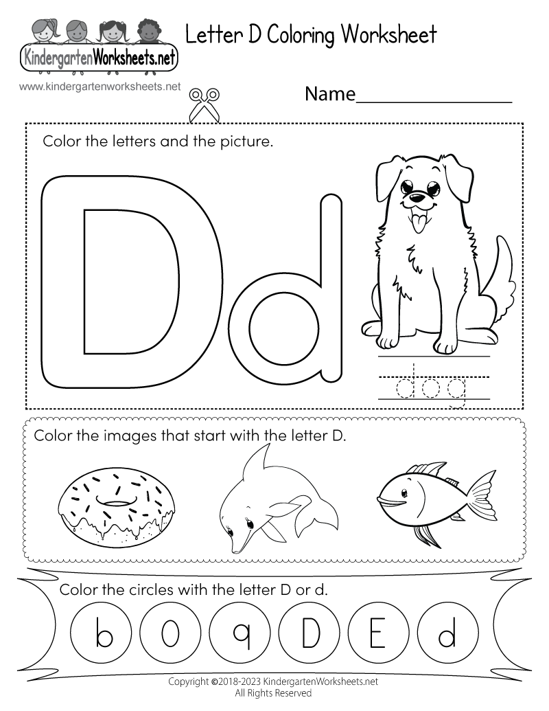 Letter D Coloring Worksheet - Free Kindergarten English Worksheet for Kids