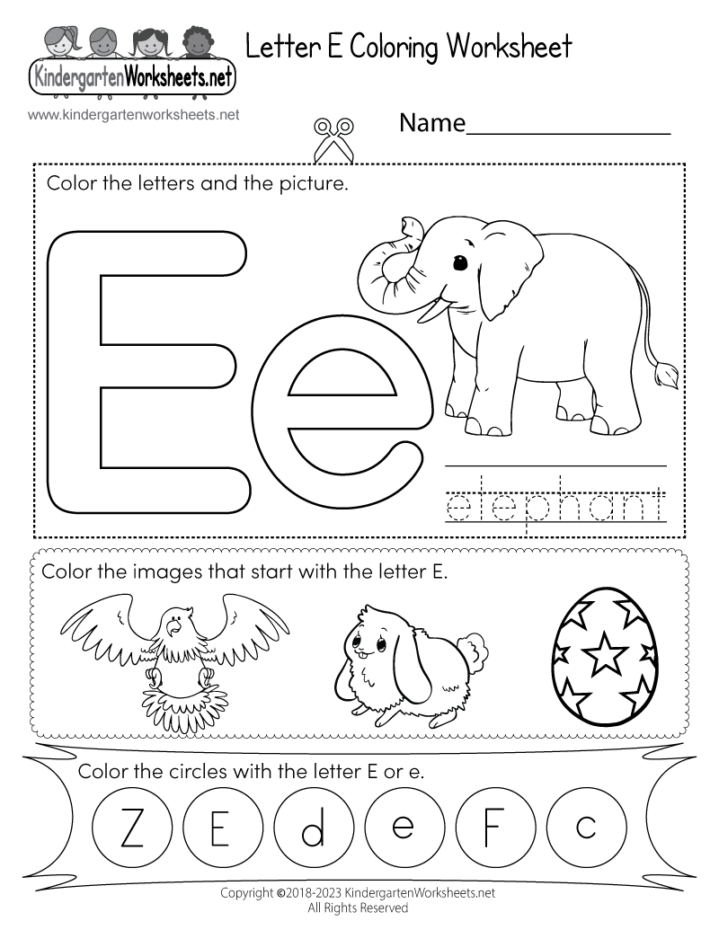 Letter E Coloring Worksheet - Free Kindergarten English Worksheet for Kids
