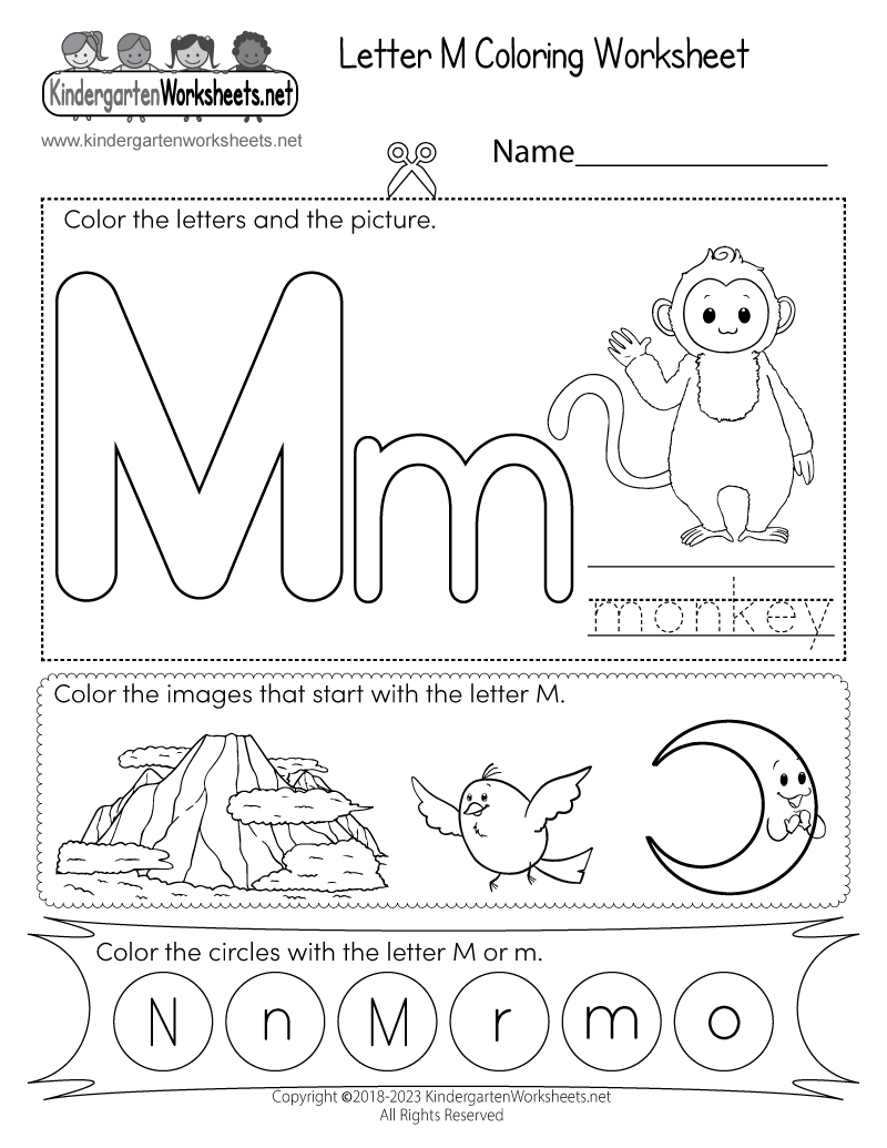 Letter M Coloring Worksheet - Free Kindergarten English Worksheet for Kids