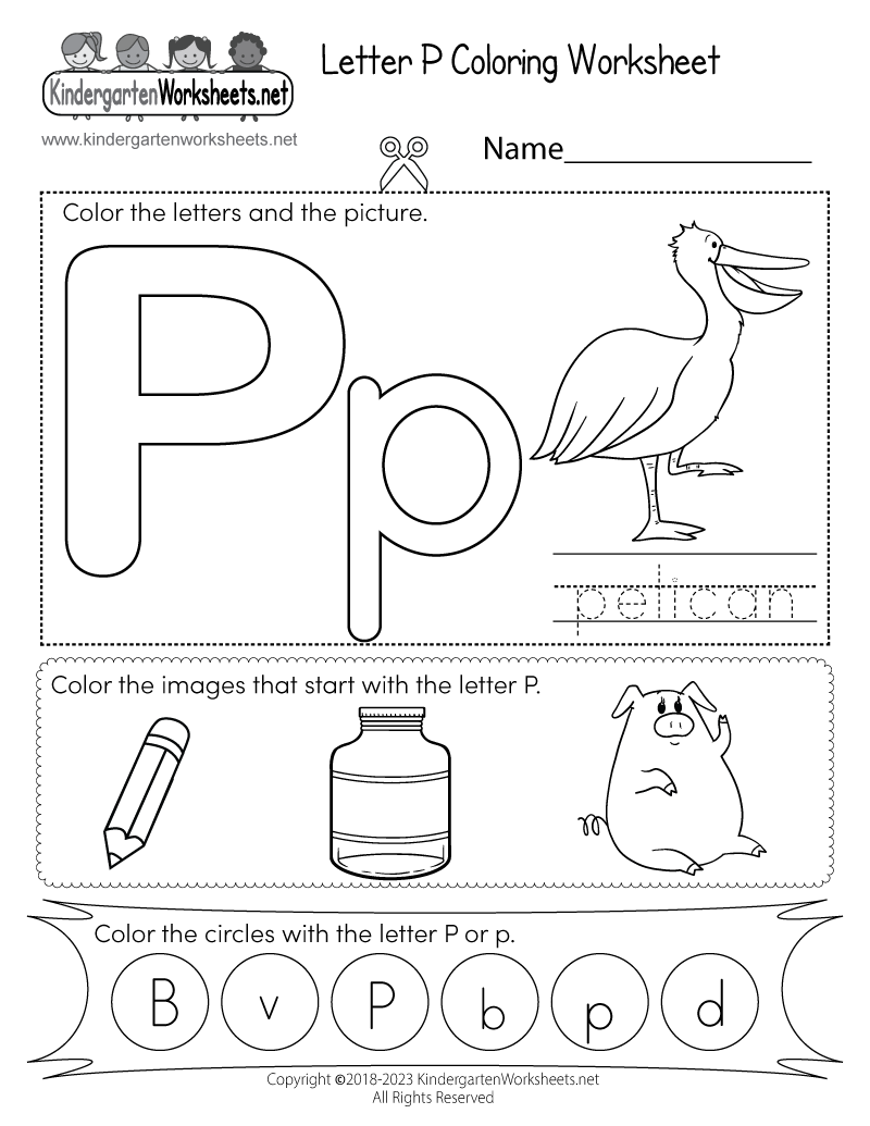 Letter P Coloring Worksheet - Free Kindergarten English Worksheet for Kids