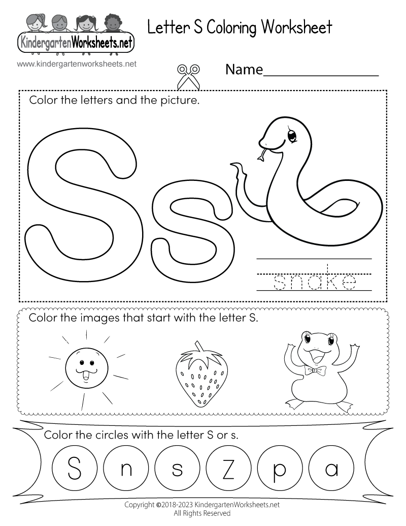 Letter S Coloring Worksheet - Free Kindergarten English Worksheet for Kids