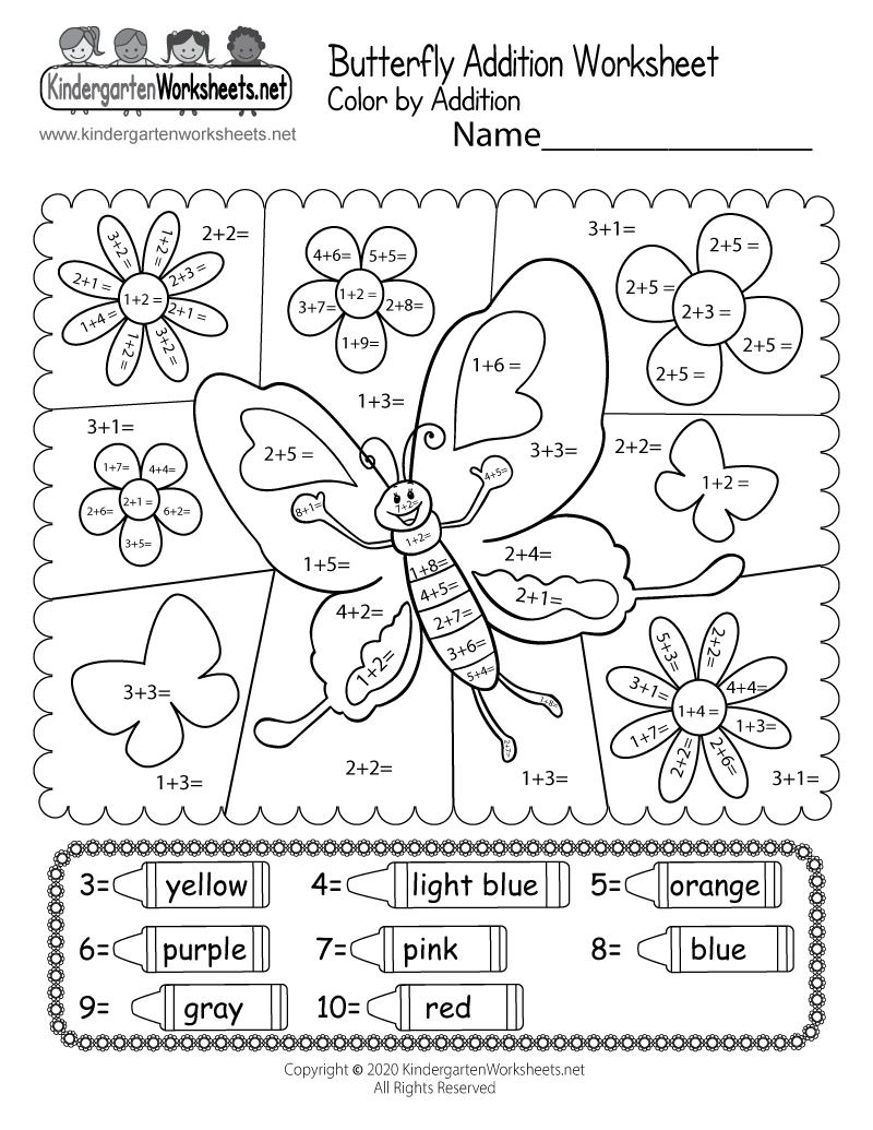 Butterfly Math Adding Worksheet - Free Kindergarten Learning Worksheet