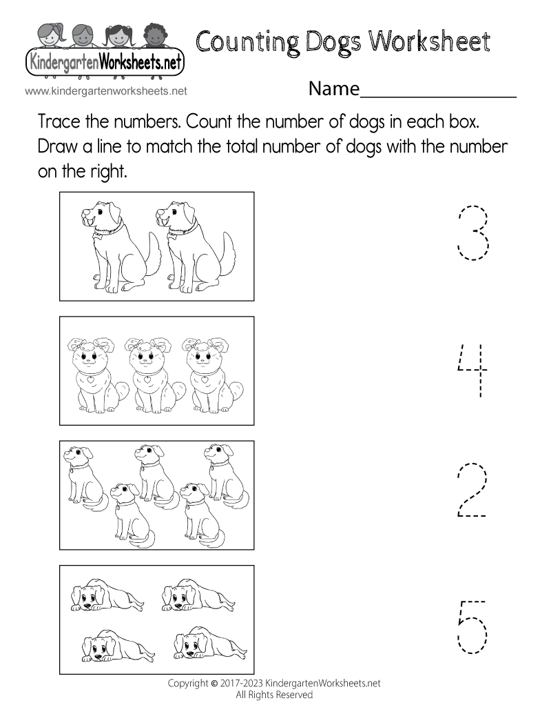 Kindergarten Counting Dogs Worksheet Printable