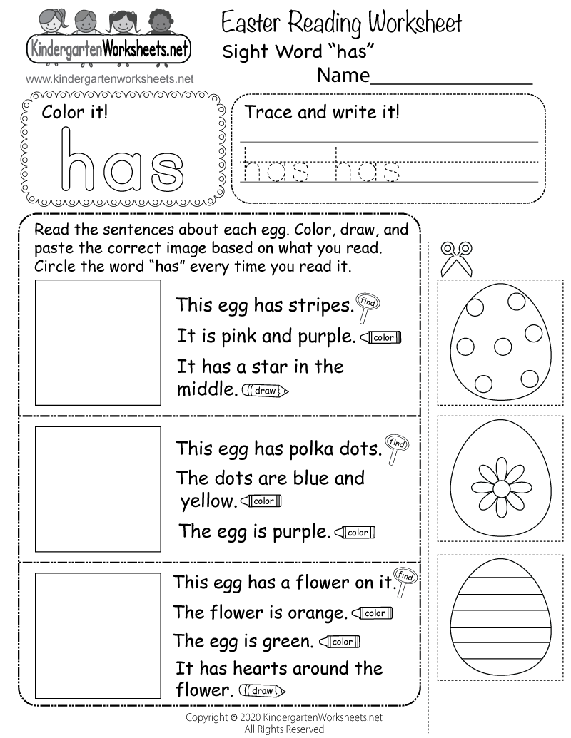 Free Printable Easter Reading Worksheet for Kindergarten