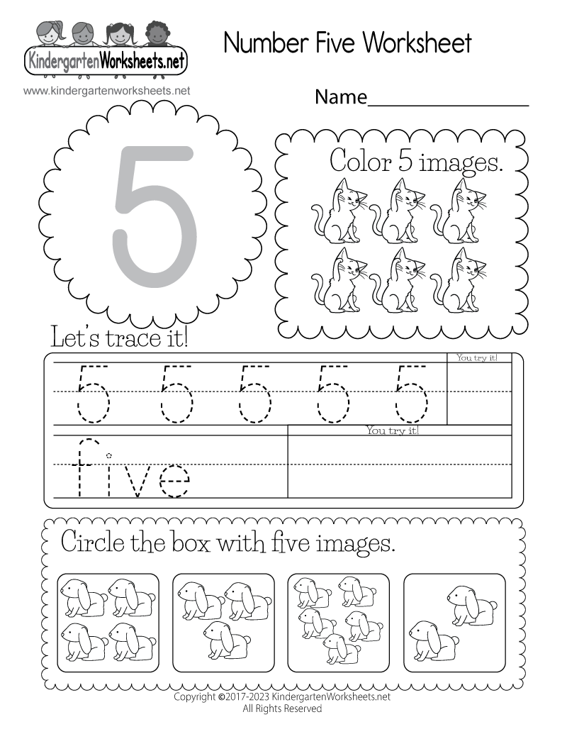 Free Printable Number Five Worksheet for Kindergarten