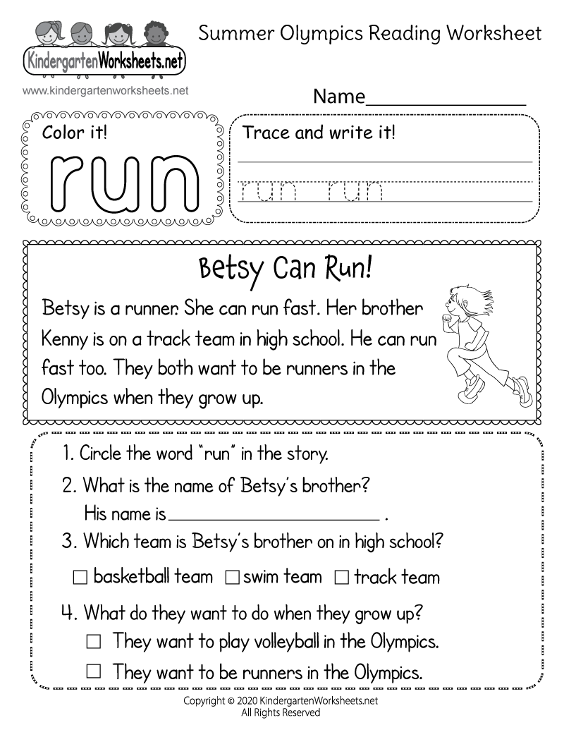 Kindergarten Summer Olympics Reading Worksheet Printable