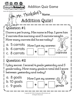Addition Quiz Game Worksheet
