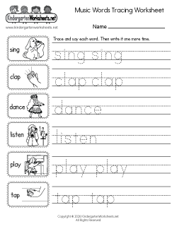 Music Words Tracing Worksheet