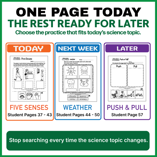 Illustration of choosing an actual Five Senses worksheet today, Weather next week, and Push or Pull later