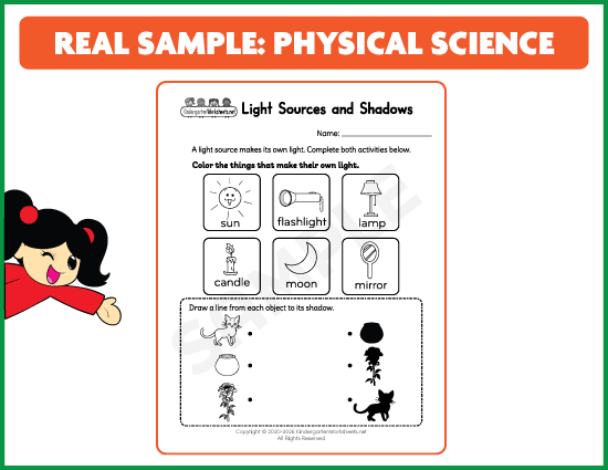 Actual Light Sources and Shadows worksheet about identifying light sources and matching shadows