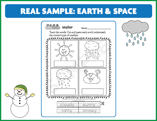 Actual Weather worksheet showing pictures and weather words to trace and match
