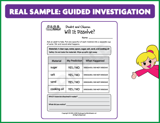 Actual Will It Dissolve worksheet with a prediction and observation table for sugar, salt, sand, and oil