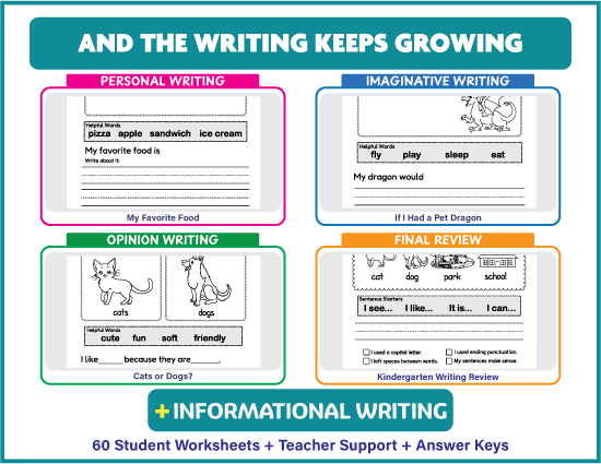 Preview of personal writing, imaginative writing, opinion writing, informational writing, and final review activities
