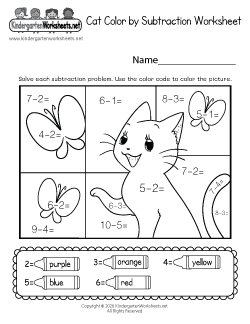 Cat Color by Subtraction Worksheet
