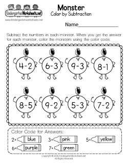 Monster Color by Subtraction Worksheet