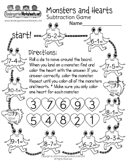 Monsters and Hearts Subtraction Game Worksheet