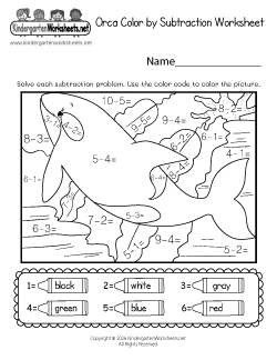 Orca Color by Subtraction Worksheet