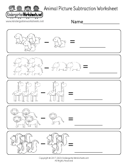 Animal Picture Subtraction Worksheet