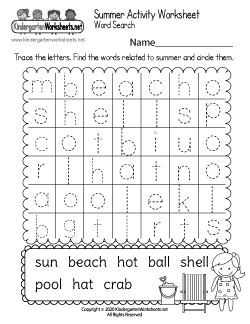 summer activity worksheet for kindergarten word search