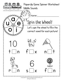 Middle Sounds Paperclip Game Spinner Worksheet