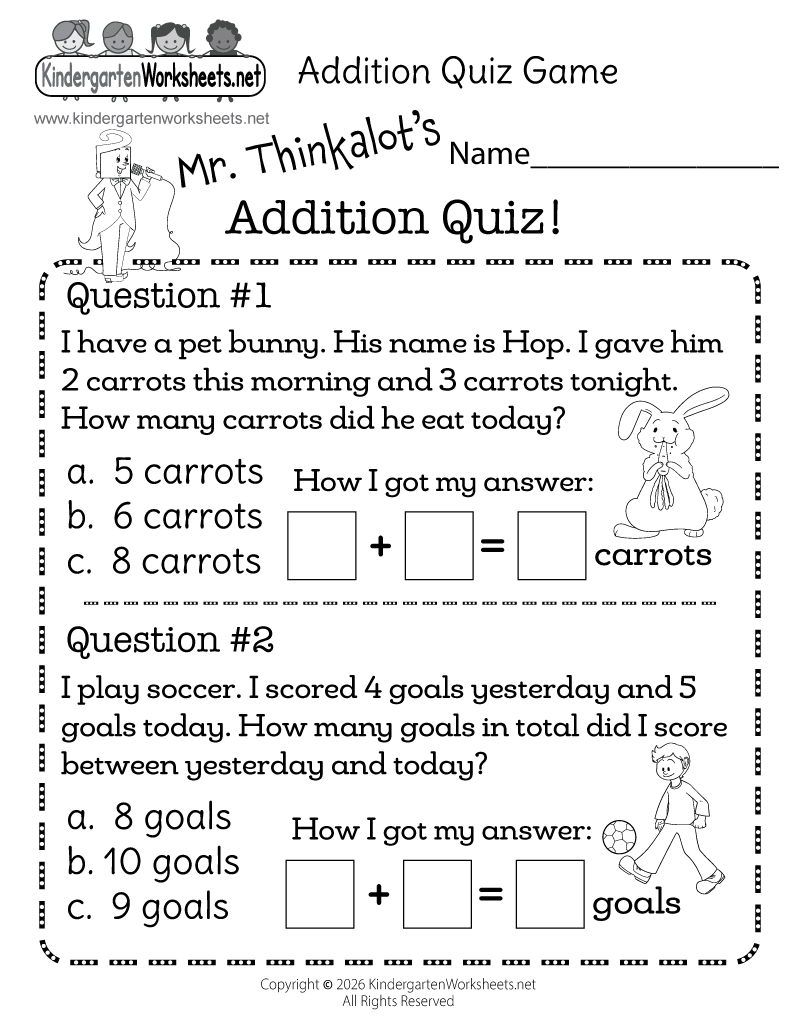 Kindergarten Addition Quiz Game Worksheet Printable