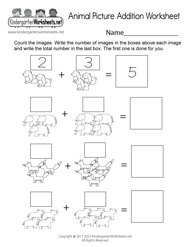 Kindergarten Animal Picture Addition Worksheet Printable