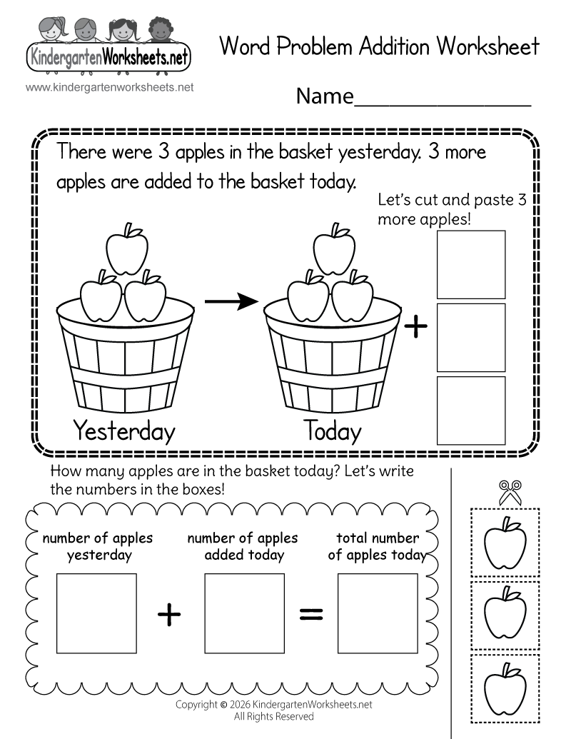Kindergarten Apple Addition Word Problem Worksheet Printable