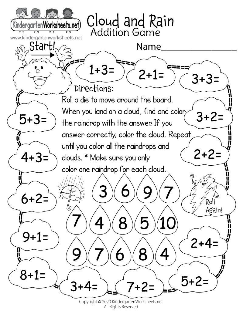 Kindergarten Cloud and Rain Addition Game Worksheet Printable