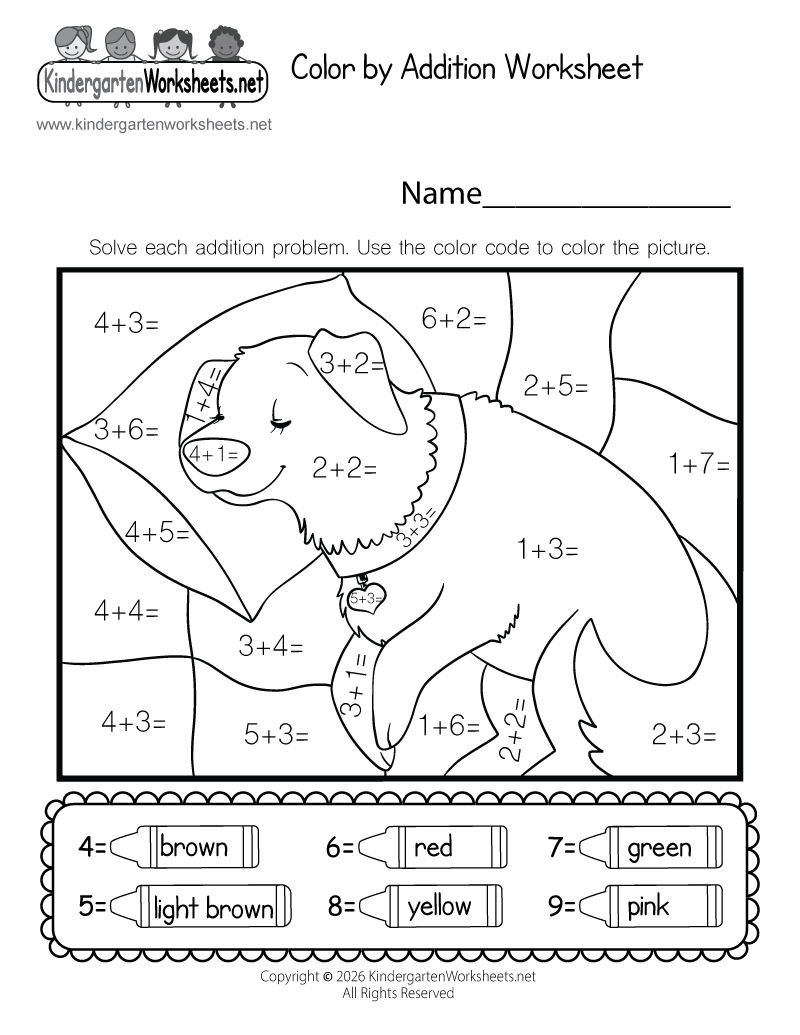 Kindergarten Dog Color by Addition Worksheet Printable
