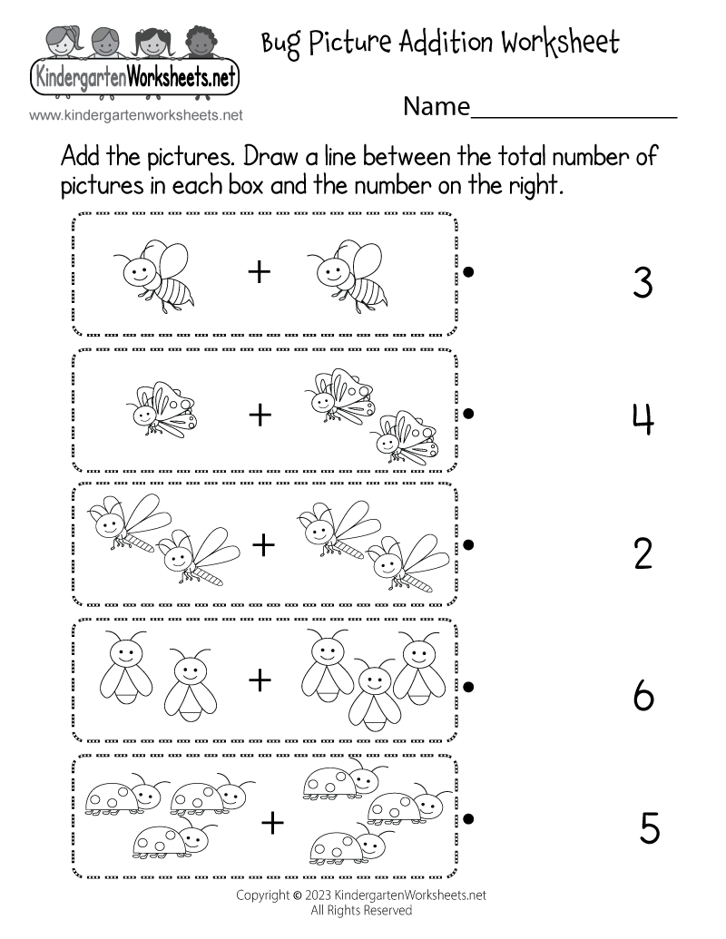 Kindergarten Bug Picture Addition Worksheet Printable