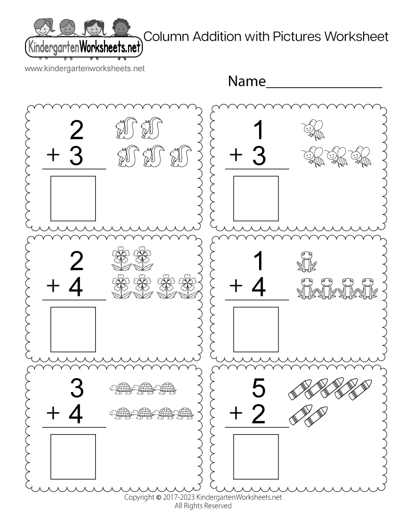 Kindergarten Column Addition with Pictures Worksheet Printable