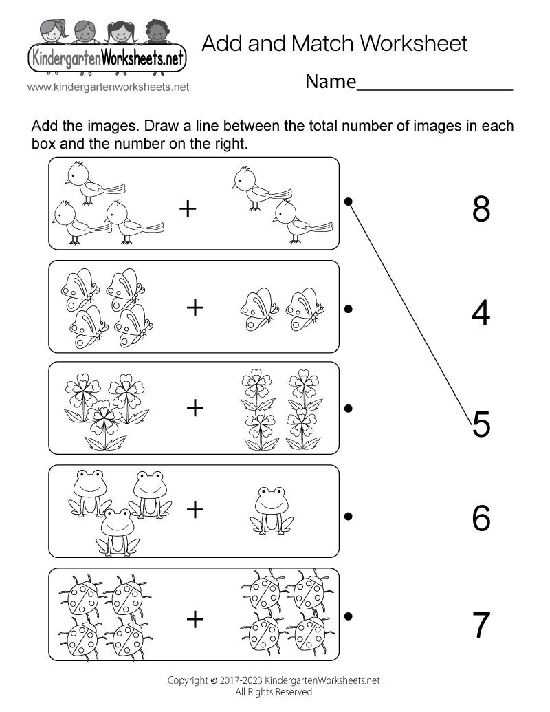 Kindergarten Add and Match Picture Addition Worksheet Printable