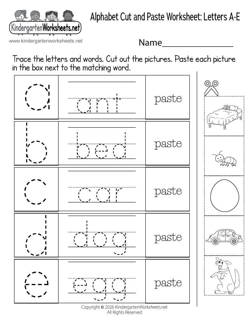 Kindergarten Alphabet Cut and Paste Worksheet A-E Printable