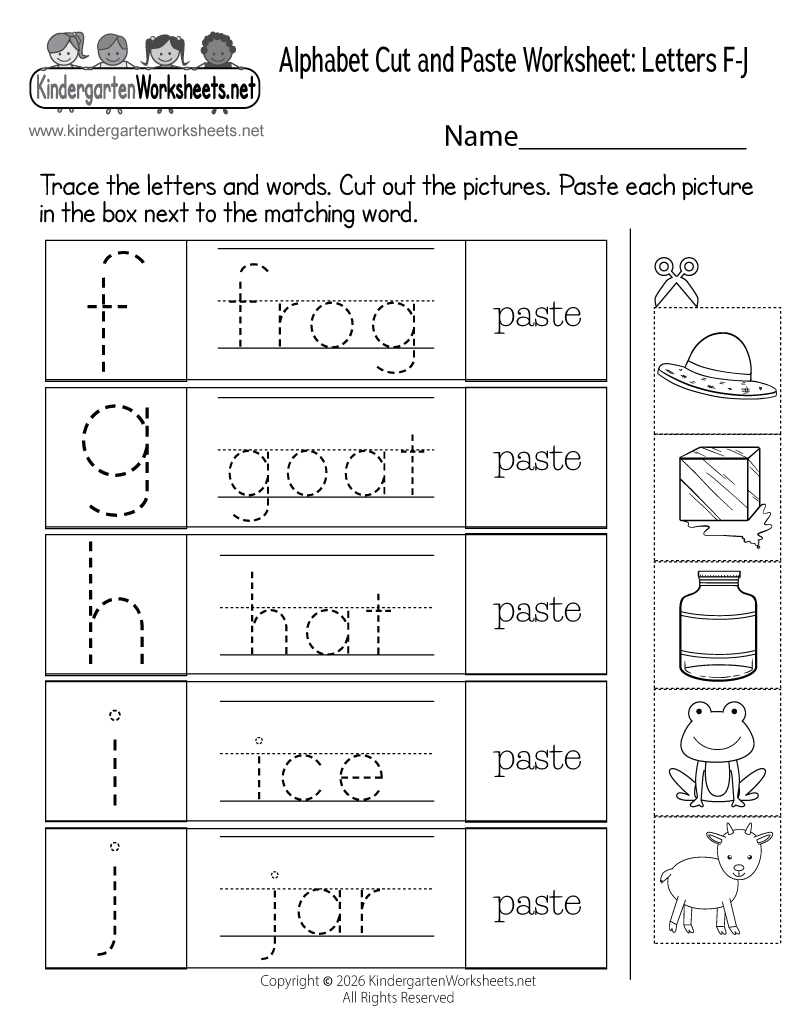 Kindergarten Alphabet Cut and Paste Worksheet F-J Printable