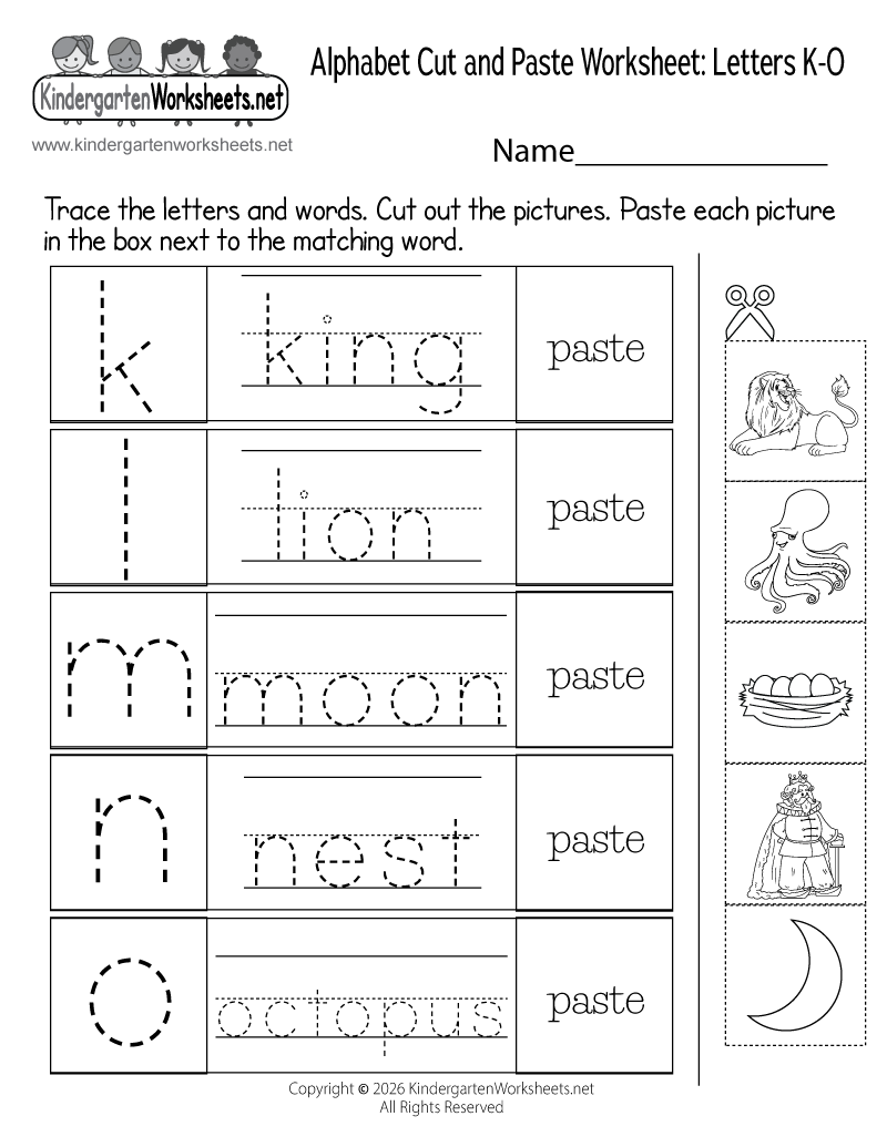 Kindergarten Alphabet Cut and Paste Worksheet K-O Printable