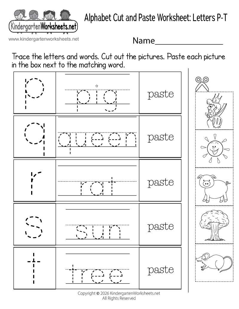 Kindergarten Alphabet Cut and Paste Worksheet P-T Printable