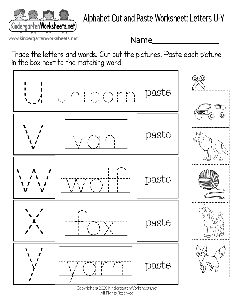 Kindergarten Alphabet Cut and Paste Worksheet U-Y Printable
