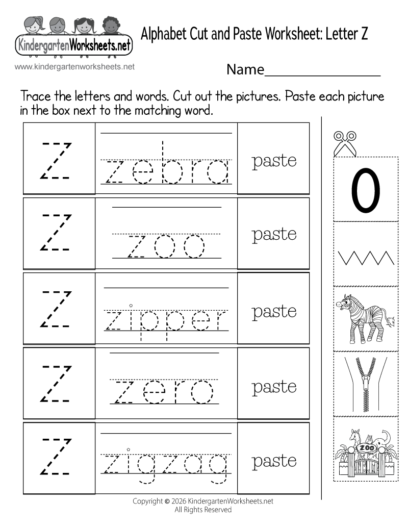 Kindergarten Alphabet Cut and Paste Worksheet Z Printable