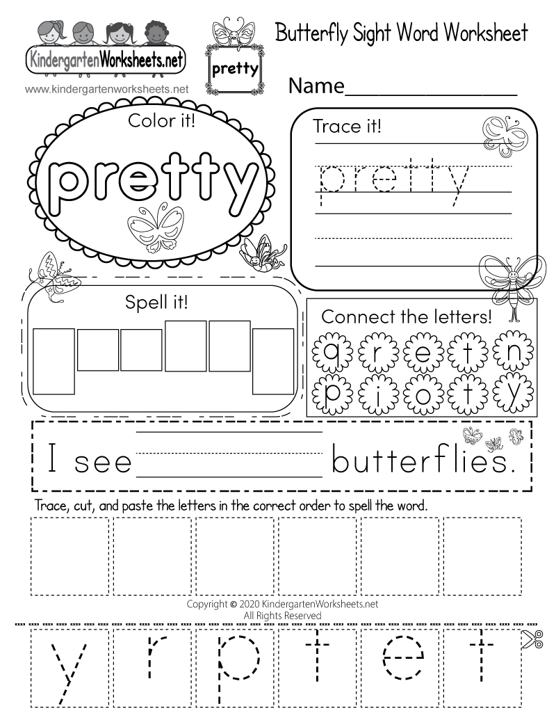 Kindergarten Butterfly Sight Word Worksheet Printable for the Word Pretty