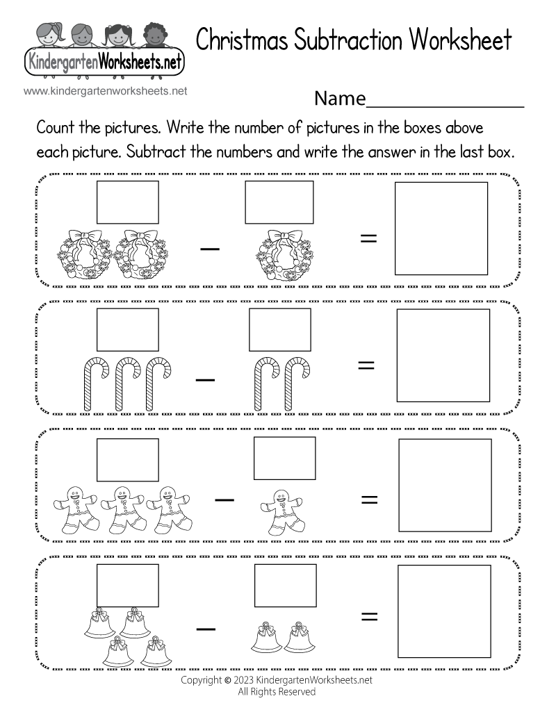 Kindergarten Christmas Subtraction Worksheet Printable