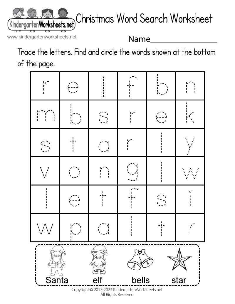 Kindergarten Christmas Word Search Worksheet Printable