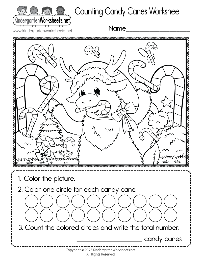 Kindergarten Counting Candy Canes Worksheet Printable
