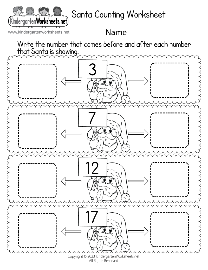 Kindergarten Santa Counting Worksheet Printable