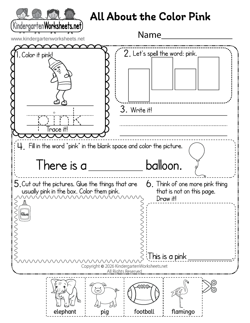 Kindergarten Color Pink Worksheet Printable