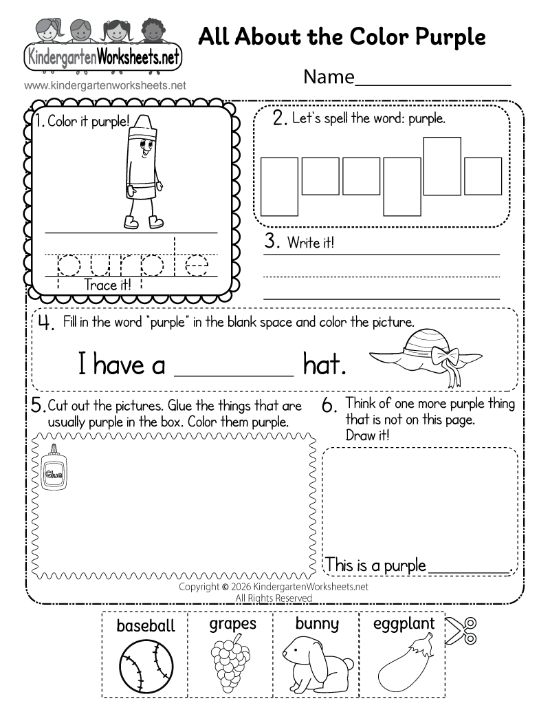 Kindergarten Color Purple Worksheet Printable