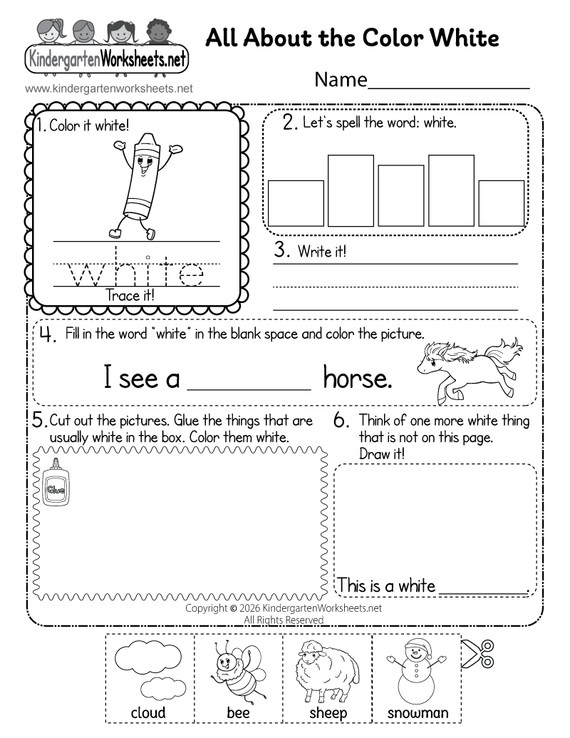 Kindergarten Color White Worksheet Printable