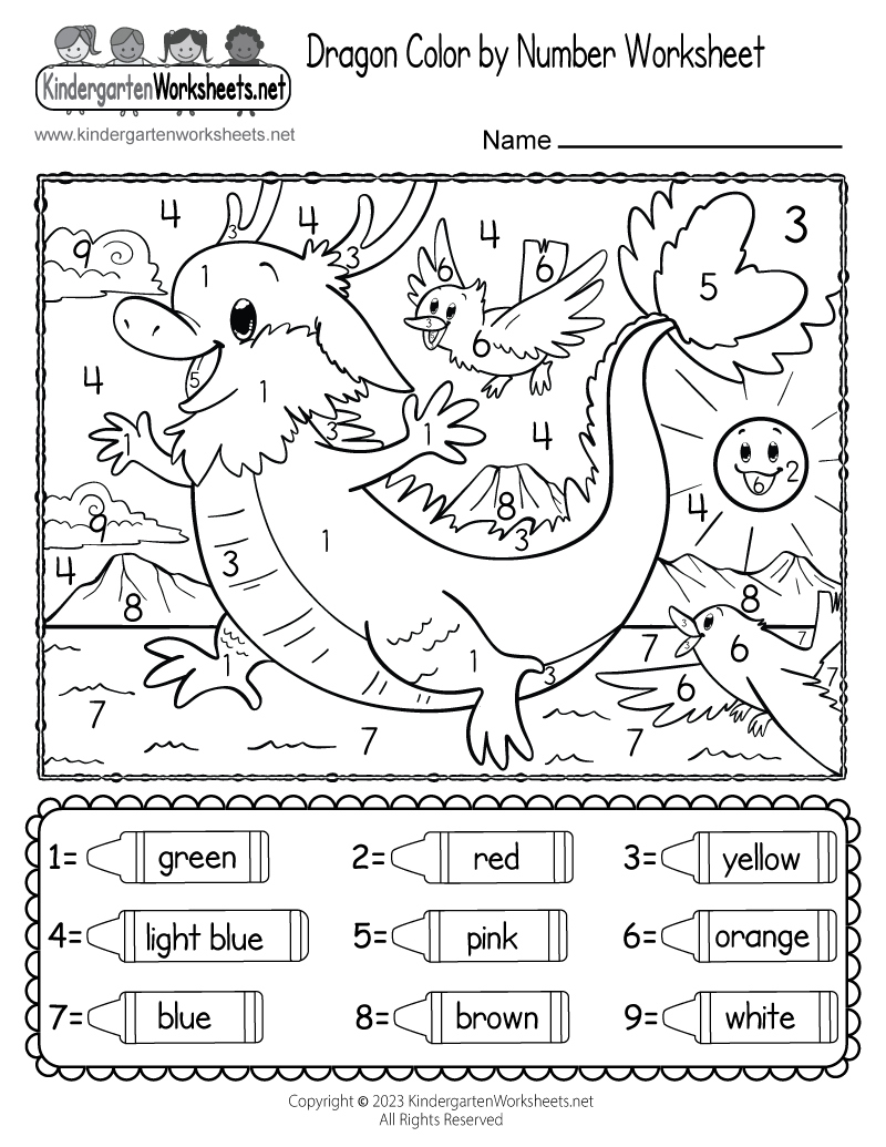 Kindergarten Dragon Color by Number Worksheet Printable