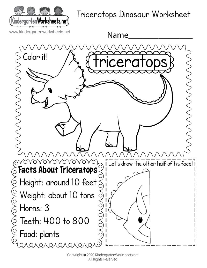 triceratops dinosaur worksheet for kindergarten free